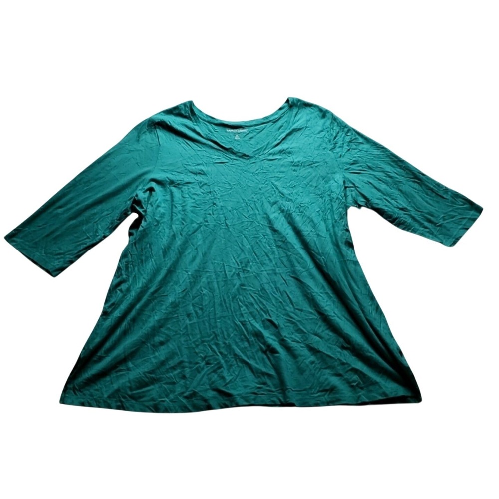 Woman Within Shirt Womens Plus 2X Green 100% Cotton V Neck 3/4 Sleeve Tunic Top